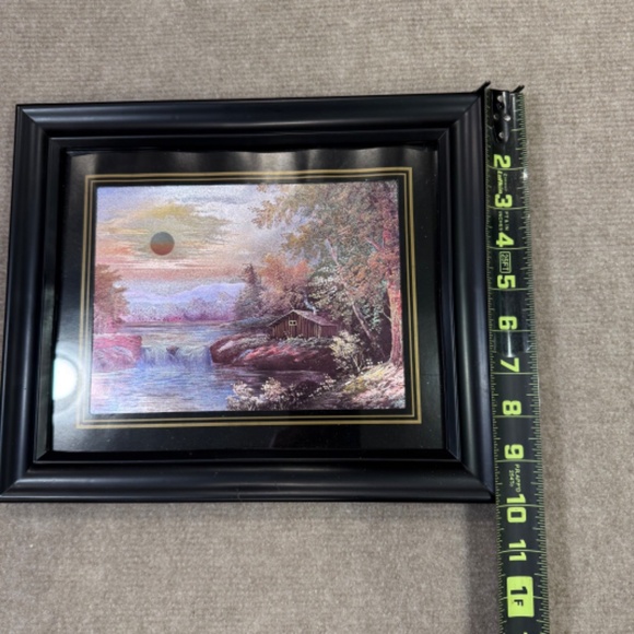 VTG Etched Foil Art Print Framed Outdoor Scene Cabin Woods Mountains Waterfall - Picture 2 of 7